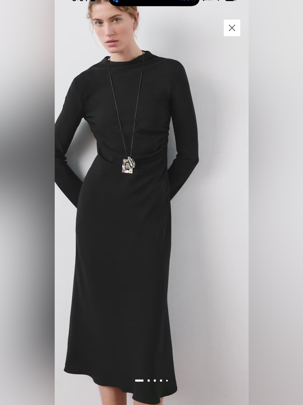 Mango Black Long-Sleeve Ruched Side Midi Dress
